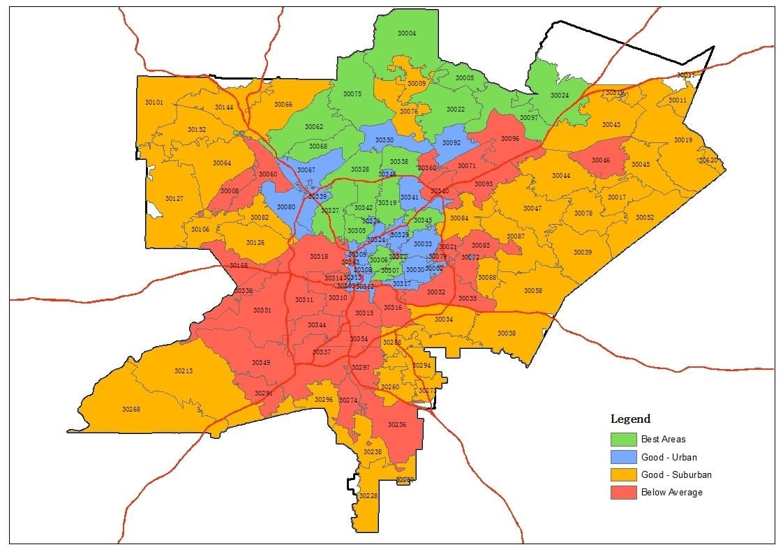 el código postal de mapa de Atlanta